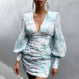 ArtsuWomen Sexy Deep V Neck Floral Print Dresses Long Lantern Sleeve Ruched Dress Elegant Female Bodycon Party Dress
