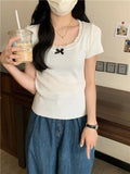 New Pure Lust Lace Lace Short Sleeve Slim T-Shirt Thin Bow Design Short