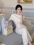 Elegant Dresses Women Swinging Collar Irregular Off Shoulder Ruched Split Slim Solid Sexy Ladies Temperament Dress-Outfit