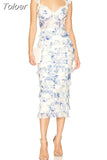 Spring Print Midi Dress For Women Square Collar Sleeveless High Waist Hit Color Slim Bodycon Dresses Female Summer 2023