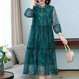 New Casual Half Sleeve Midi Dress Vintage Printed Women's Clothing Ruffles Spliced Stylish Drawstring Loose Gauze