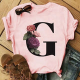 Letter Alphabet A-Z Women T-Shirts Fashion Breathable Flowers Short Sleeve Casual Tops Couple Basic Tee Crew Neck Clothes