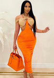 Party Sexy Contrast Color Cut Out O-Ring Halter Ruched Midi