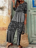 Piece Women Solid Jumpsuits Round Neck Full Sleeve Overalls Striped Print Wide Leg Long Pants Loose Casual Rompers-Outfit