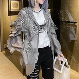 Clothing Sequined Pockets Shirt Casual Hooded Spring Summer Zipper Ruffles Spliced Korean Shirring Drawstring Midi