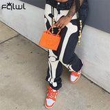 Streetwear Fall Fashion High Waist Jeans Pants Pockets Skeleton Print Casual Baggy Pants Women 2021 Black Denim