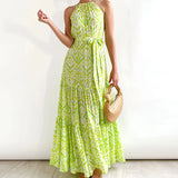 Summer New High-Waisted Beach Print Hanging Neck Dress