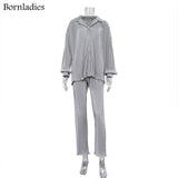 Causal Loose Home Suit Long Sleeve Blouse With High Wasit Pants Set Women Elegant Pleated Beige 2 Piece Pant