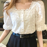 Elegant Summer Short Sleeve Woman Shirts Square Collar Hollow Out White Blouse Women 2023 Korean Lace Shirt Blusas