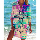 Women Printed Blouse Long Top Tunics Cardigan Half Sleeved Loose Beach Wear Swimwear Ladies Dresses Shirts Button 2023-Outfit