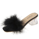 Woman's Slippers Low Square heel Slides Big Size Fur Flip Flops 2022 Summer Soft Block Plush Rome Basic PU Fabric Hoof