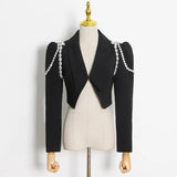 Patchwork Diamonds Two Piece Set For Women Puff Sleeves Crop Top Blazer High Waist Skirts Female 2021 Summer