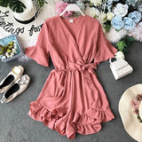Ruffled Women Playsuits Elastic High Waist Bow Female Jumpsuit Romper Butterfly Sleeve Short Overalls for