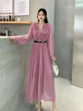 Autumn Station Temperament Retro Lotus Leaf Side Bubble Long Sleeve V Collar Thin A Word To Close The Waist 100-Fold