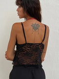 Women's Y2K Vintage Floral Lace See-through Split Crop Camis Sleeveless Spaghetti Strap Wrap Hem Camisole Tank Tops-Outfit
