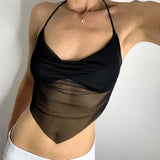 Transparent y2k Mesh Halter Tops Women V-neck Backless Korean Solid Crop Tops Fashion Korean Camisole 90s