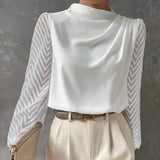 Mesh Patchwork Shirt Blouse Women Fahsion O-neck Lantern Sleeve Shirts For Women 2024 Spring Casual Folds Blouses Tops-Outfit