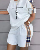 O-neck Patchwork T Shirt Two Piece Set Casual Loose Print Tshirt Short Set Women 2023 White Pockets Shorts Suits-Outfit