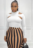 Hollow Out Tight Top and Stripes Fringe Long Skirt