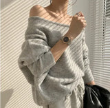 Chic Autumn And Winter French Temperament Word Collar Shoulder Design Loose Leisure Solid Color Long-Sleeved Knitted Sweater