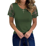 Shirts for Women Casual Summer O Neck Short Sleeve Tops Lace Patchwork Design Slim Fit Pullovers Top 2021 Blusa