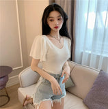 Small Sexy V-Neck T-Shirt Summer Pink Top Women's Lotus Side Of The Ocean With Thin Collarbones Cover Short