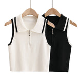New Summer Lapel With Color Zipper Knitted Vest Shows The Navel Short Style Blouse.-Outfit