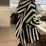 Autumn Winter Striped Sweaters Female Clothing Casual Long Sleeve Korean Loose Stylish Hooded Pockets Knitted Cardigan-Outfit