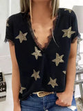 Print Lace V Neck T Shirt Fashion Pentagram Print T Shirt Top Women Short Sleeve Lace Patchwork Tee Summer T Shirt
