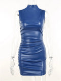 Autumn Solid Faux Leather Bodycon Mini Dresses Club Outfit For Women 2023 Sleeveless O Neck Party Short Dress