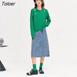 Women Knit Cardigan 2022 Autumn Long Sleeves Polo Collar Sweaters Embroidery Print Green Blue Casual Chic