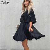 Boho Ladies Sexy V Neck Solid Mini Dress Women Elegant Half Sleeve Satin Loose Mini Dresses 2023 Summer Casual