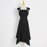 Elegant Black Dress For Women Square Collar Sleeveless High Waist Solid Patchwork Bowknot Midi Dresses Female