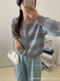 Korea Dongmen 2024 Autumn New Black-And-White Striped Cardigan High-Grade Woolen Sweater Women's Knitted Blouse-Outfit