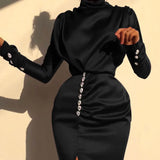 Satin Maxi Party Dresses Sexy Split Ladies Elegnt Long Sleeve Turtleneck Bodycon Dresses 2020 New Clubwear