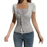 Korean Cute Y2K Retro Cotton Tops Lace Patchwork Buttons Kawaii Tshirts Autumn Square Collar Chic Casual