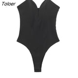 Women Sexy Heart Collar Black Patchwork Slim Sling Bodysuits Ladies Strapless Side Zipper Playsuits Mujer Rompers