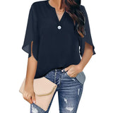 Toloer Women's Women's Short Sleeve Elegant Casual Solid Color V Collar Chiffon Shirt Chiffon