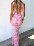 Women Summer V-neck Long Dress Sleeveless Strap Backless Mesh See Through Lace Floral Hollow Out Party Dress 2024 New-Outfit