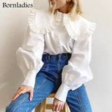 Big Peter Pan Collar Ruffle Womens Blouse Long Sleeve White Cotton Casual Tops Female 2022 Spring Summer Frill