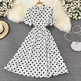 Summer French Retro Skinny Bubble Short-Sleeved V-Neck A-Shaped Dress Elegant Temperament Long