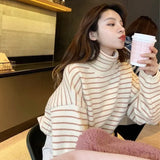 Women Stripes Sweater Harajuku Winter Vintage Women Thickening Loose Warm Turtleneck