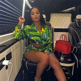 Green Printed Satin Two Piece Set Top and Shorts Sexy Club Outfits for Women Clothing 2 Pieces Matching Sets