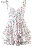 Spring Summer Chic Floral Print Lace Square Neck Cute Cake Cascading Ruffled Strap Mini Dress Woman 2023