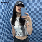 Grunge Print Crop Tops Korean Fashion Graphic T Shirts Vinatge Short Sleeve Tshirts Summer Streetwear Japanese Style