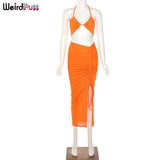 Puss Sexy Two-Piece Women Skinny Bandage Halter Corset Top+Side Slit Ruched Skirt Fit Matching Set Elegant Party