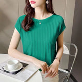 Silk Knitted Women Loose 2025 Summer New Gray Top Collar Thin Short-Sleeved T-Shirt