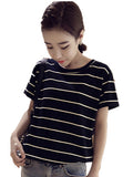 Toloer New Summer 2024 Korean Version Loose Large-Size Striped Short-Sleeved T-Shirt Women's Top Bottom Shirt Women's