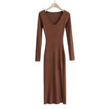 women solid elegant v neck sweater dress long sleeve ladies side open midi dress