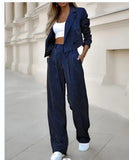 Toloer Women's Temperament Casual Stripe Short Lapel Suit Straight Pants